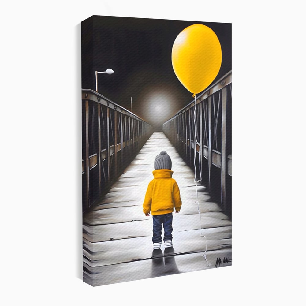 Tablou canvas cu tablou canvas cu un copil si balon galben pe pod, fara rama, pe sasiu de lemn